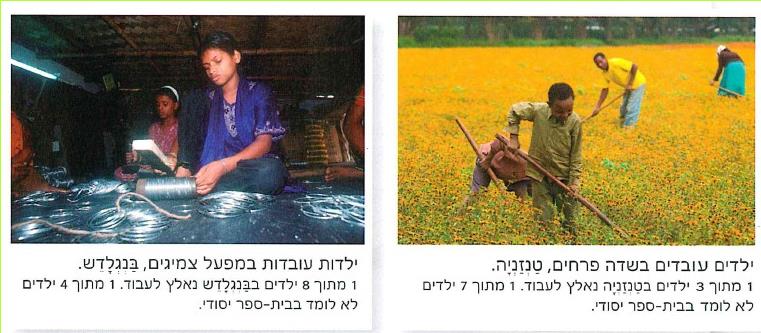 מימין: - ילדים עובדים בשדה פרחים, טנזניה. 1 מתוך 3 ילדים נאלץ לעבוד. 1 מתוך 7 ילדים לא לומד בבית ספר יסודי.
משמאל: - ילדות עובדות במפעל צמיגים, בנגלדש. 1 מתוך 8 ילדים בבנגלדש נאלץ לעבוד. 1 מתוך 4 ילדים לא לומד בבית ספר יסודי.